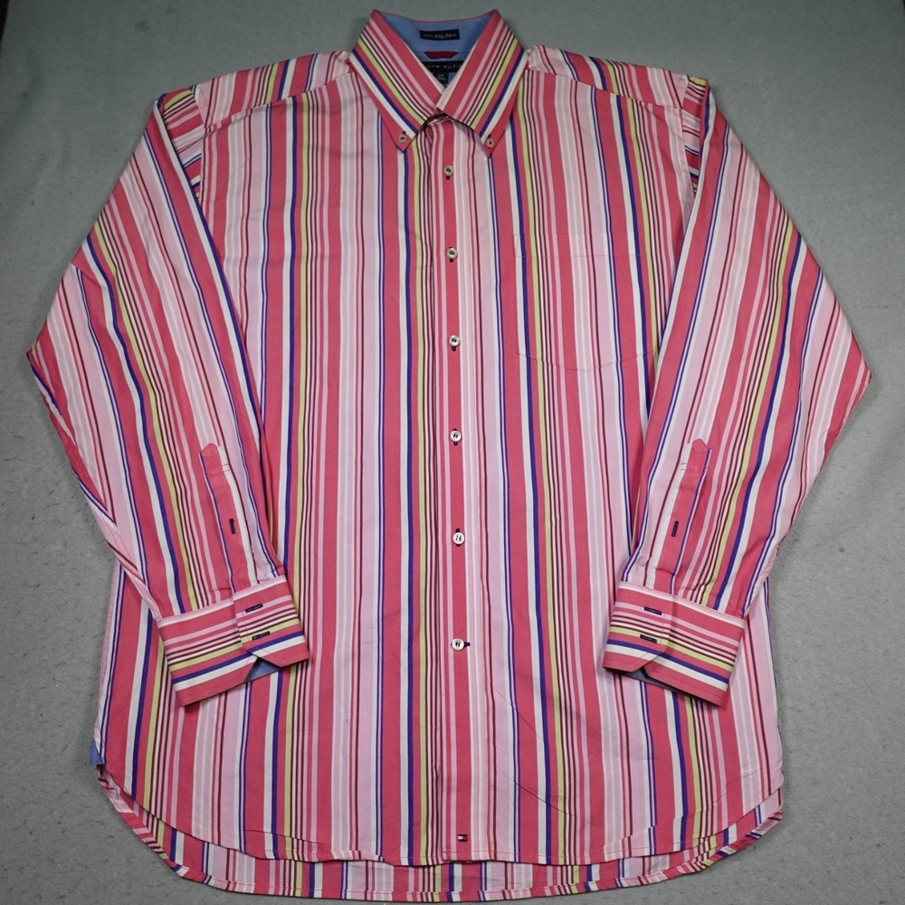 Vintage Tommy Hilfiger Shirt Men L pink Stripe 80s 2ply Long Sleeve Button Down